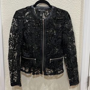 NWOT. INC Black Lace Peplum Jacket with Faux Leather Trim and Silver Zipper